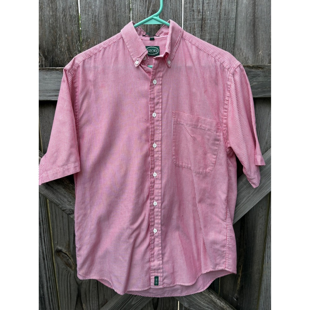 IZOD Mens Small Red White Striped Short Sleeve Button Down Shirt Cotton